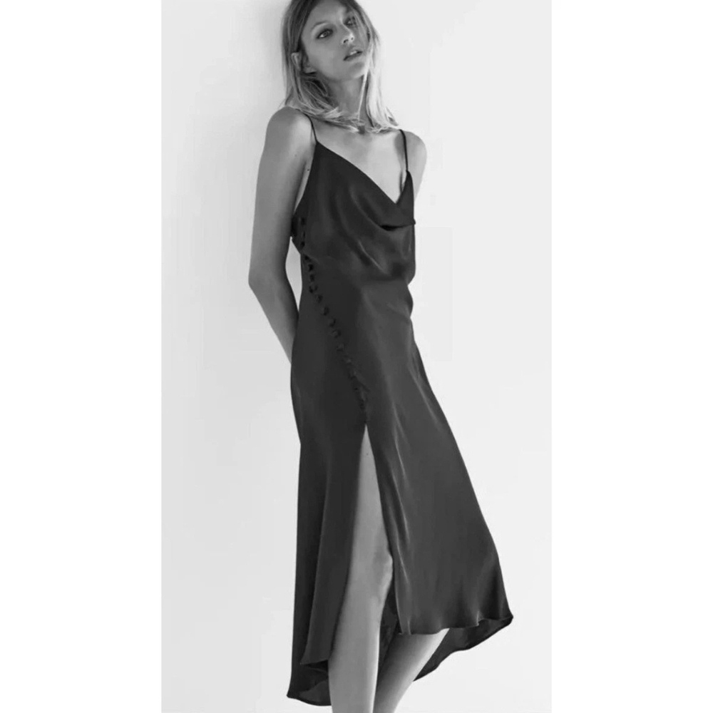 Zara Black Satin Cowl Neck Slip Maxi Dress